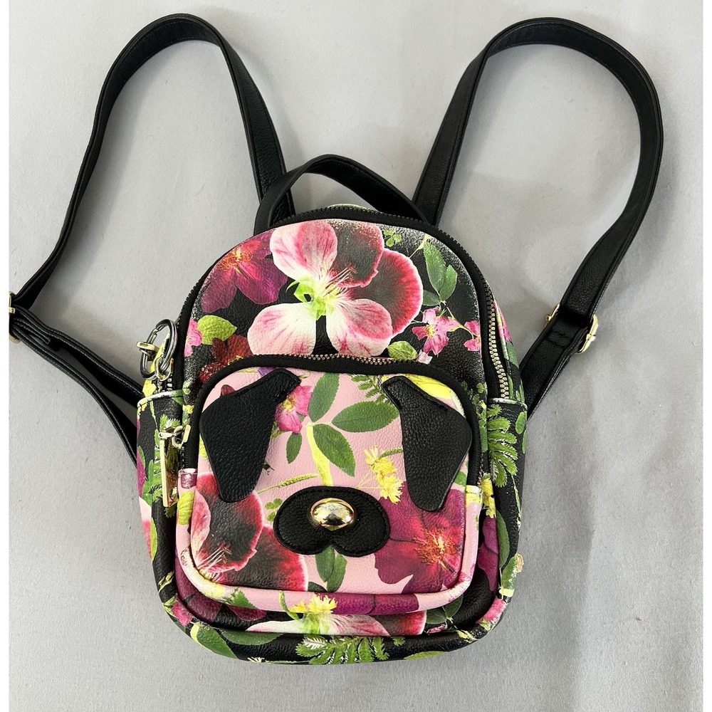 Betsey Johnson Mini Backpack Puppy Dog Ears and Snout Floral Goldtone Trim Clean